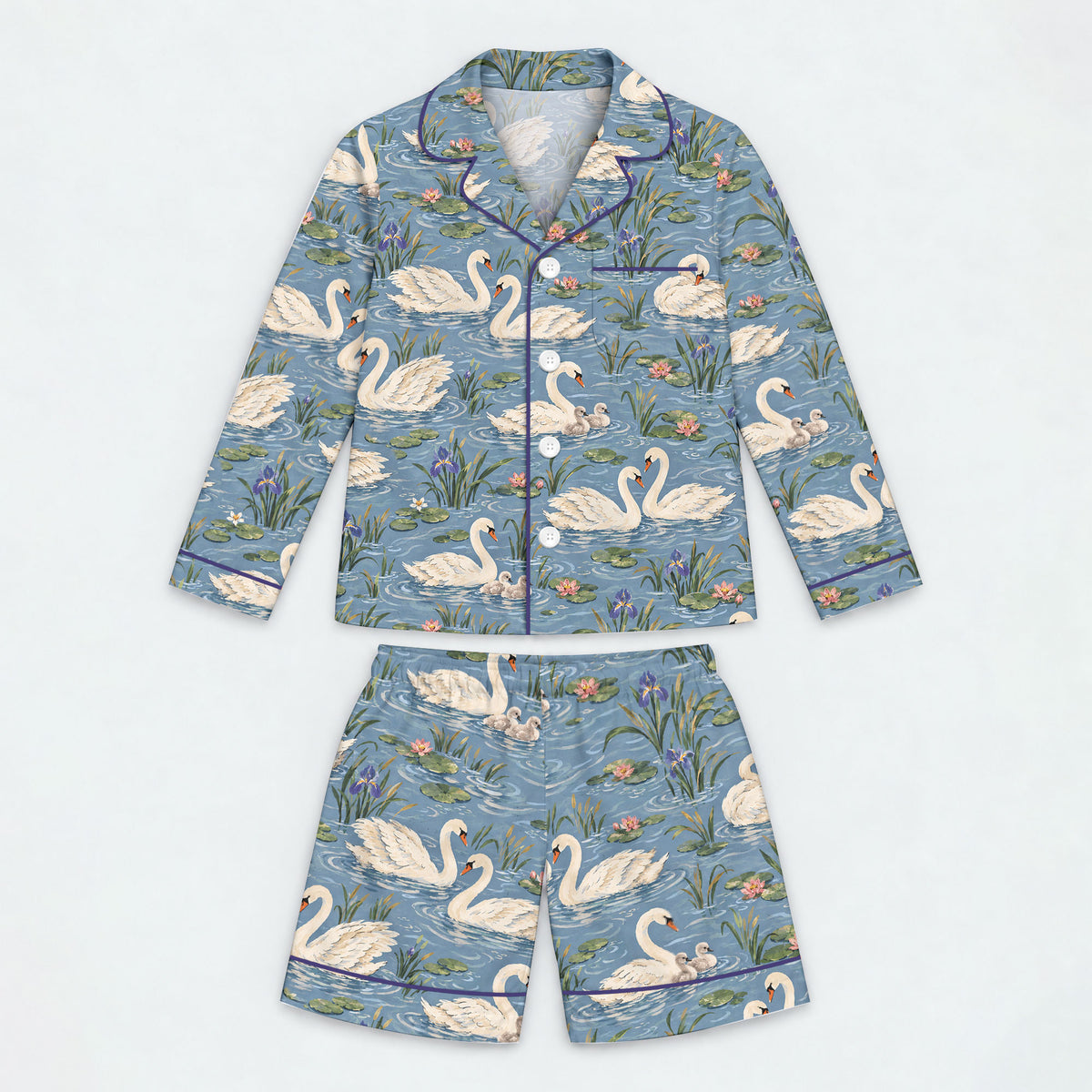 Elegant Swan Pajama Set, Vintage Swan Lake Sleepwear, Cozy Long Sleeve Button Down Pajamas For Kids