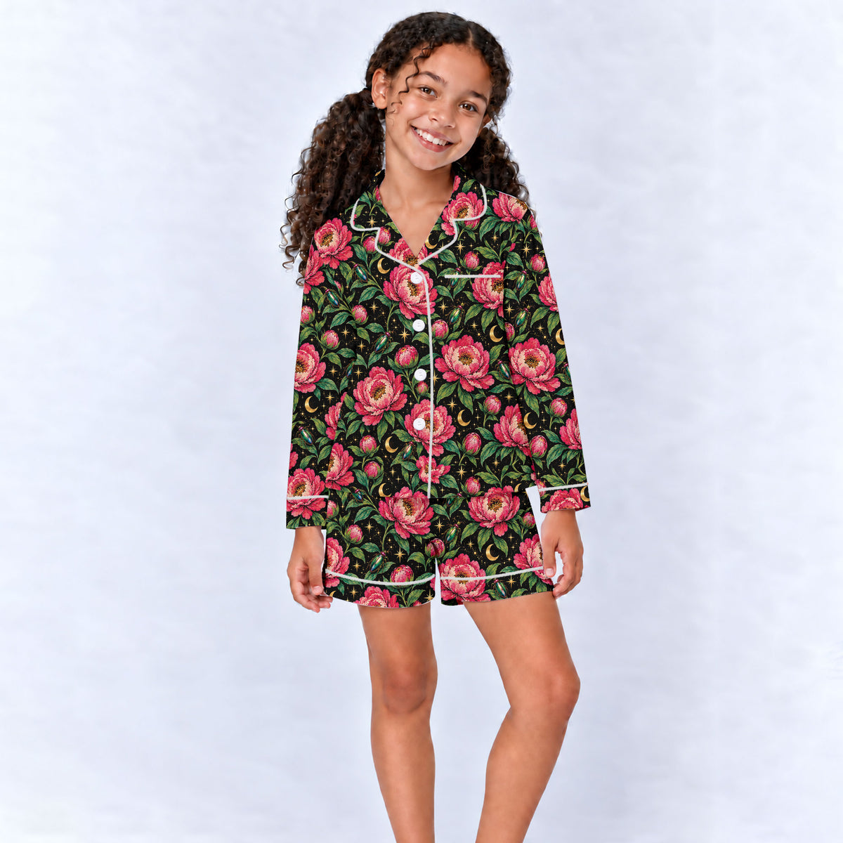 Floral Peony Pajama Set, Celestial Moon Garden Sleepwear, Cozy Long Sleeve Button Down Pajamas For Kids