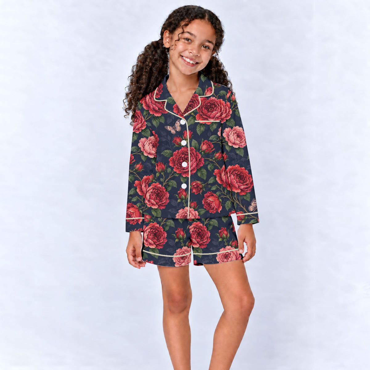 Floral Rose Pajama Set, Vintage Red Rose Butterfly Sleepwear, Cozy Long Sleeve Button Down Pajamas For Kids