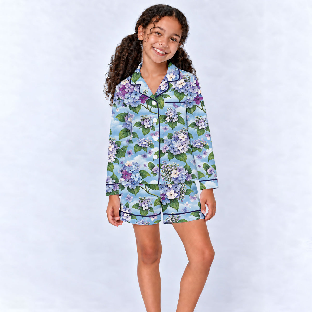 Floral Hydrangea Pajama Set, Blue Botanical Flower Sleepwear, Cozy Long Sleeve Button Down Pajamas For Kids