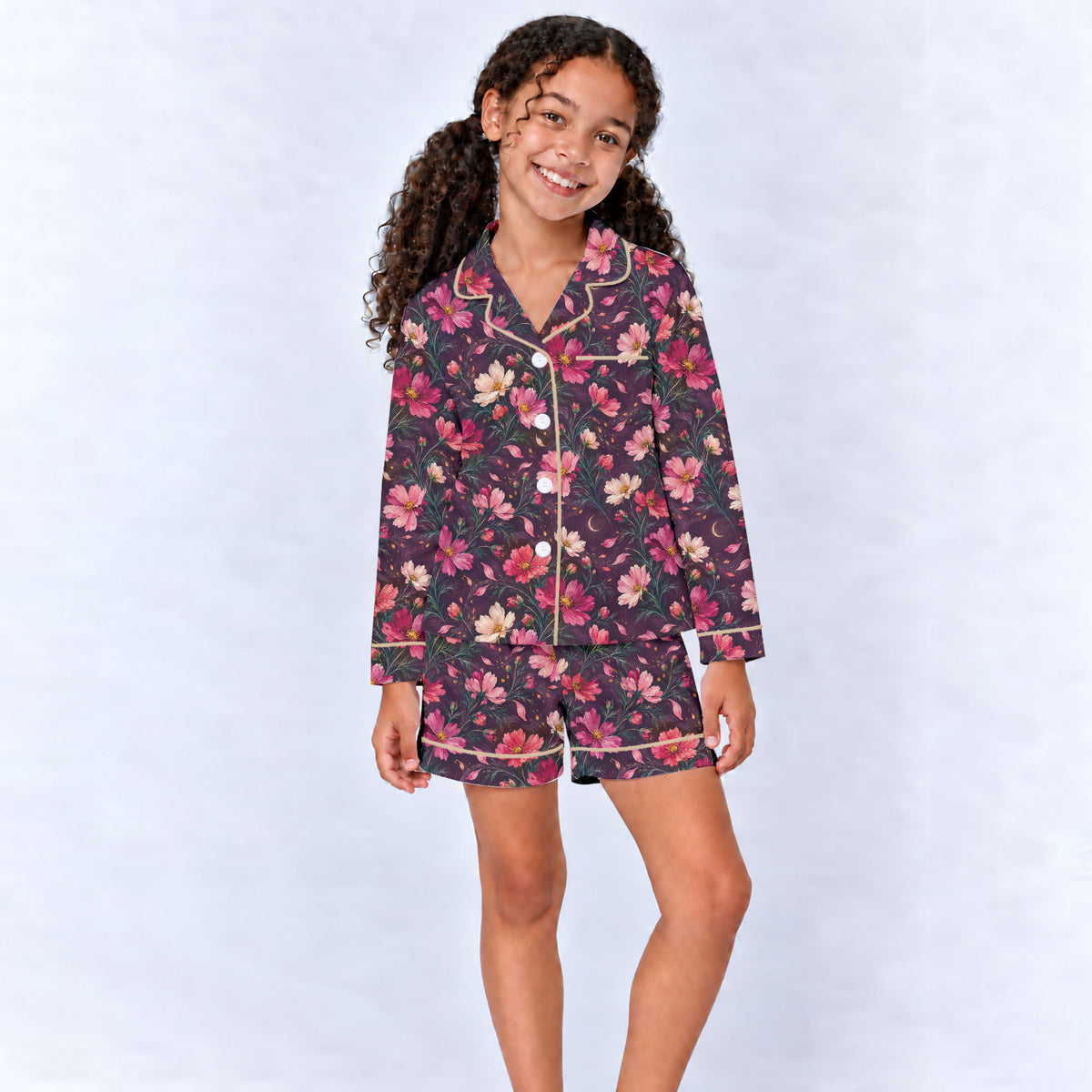 Floral Cosmos Pajama Set, Romantic Wildflower Sleepwear, Cozy Long Sleeve Button Down Pajamas For Kids