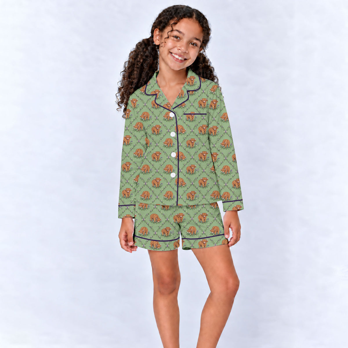 Highland Cow Pajama Set, Floral Highland Cow Sleepwear, Cozy Long Sleeve Button Down Pajamas For Kid