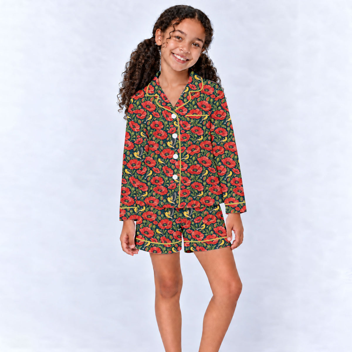 Floral Poppy Pajama Set, Vintage Wildflower Bird Sleepwear, Cozy Long Sleeve Button Down Pajamas For Kids