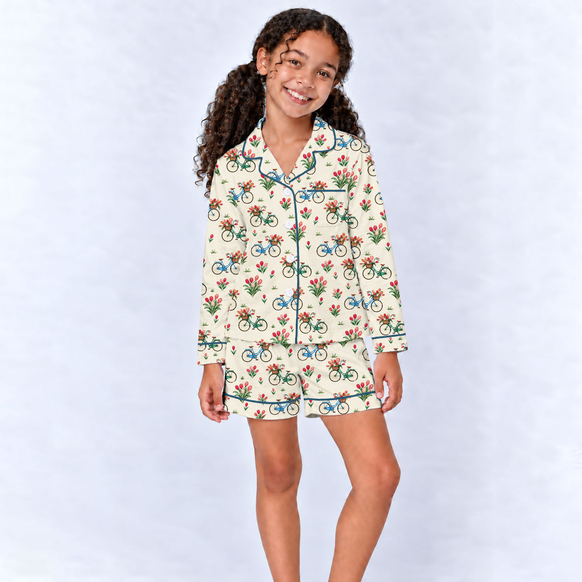 Floral Bicycle Pajama Set, Vintage Tulip Garden Sleepwear, Cozy Long Sleeve Button Down Pajamas For Kids