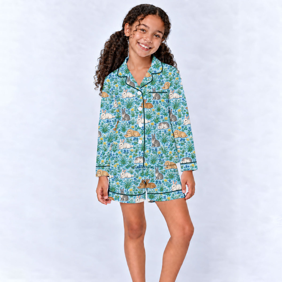 Floral Bunny Pajama Set, Cute Rabbit Garden Sleepwear, Cozy Long Sleeve Button Down Pajamas For Kids