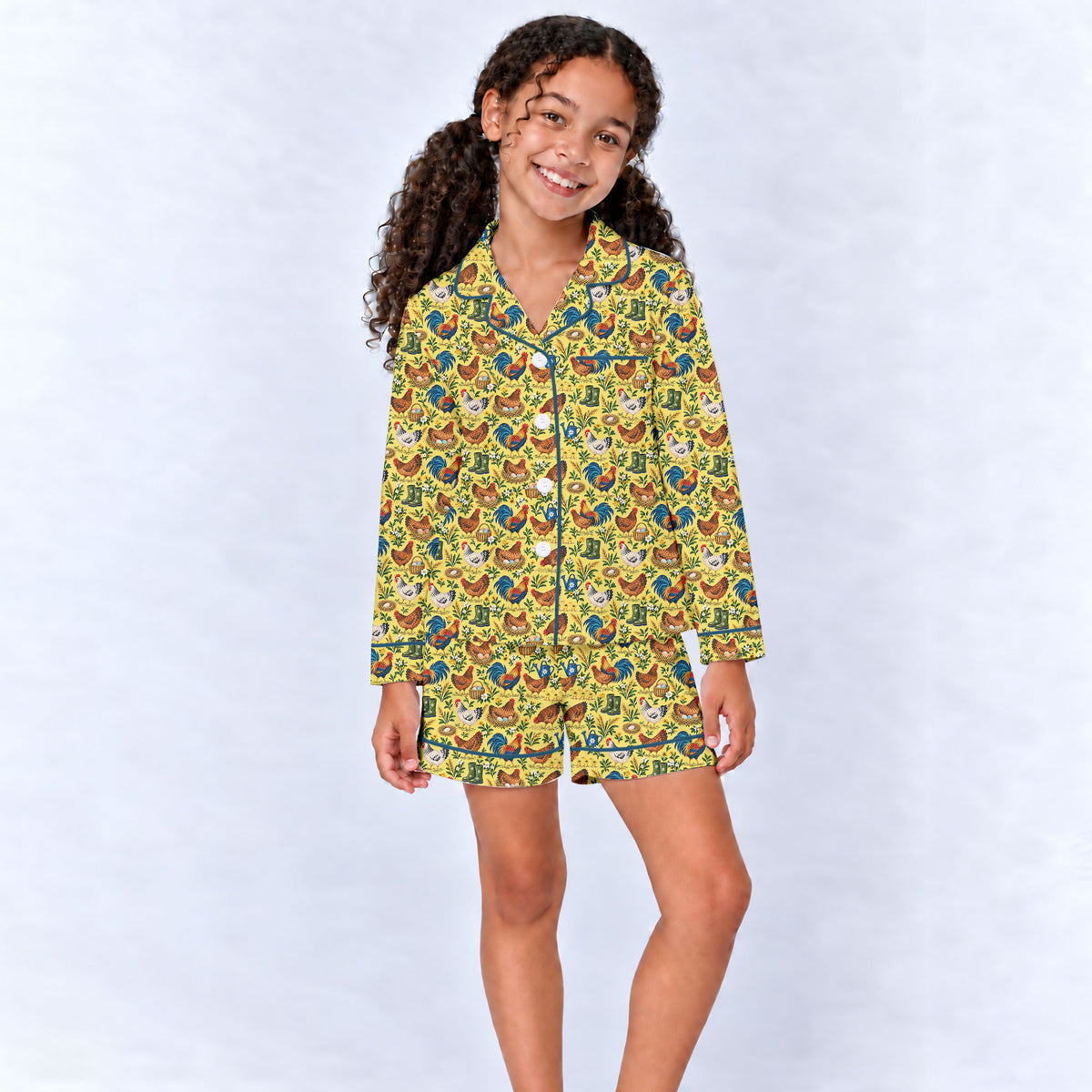 Chicken Farm Pajama Set, Vintage Rooster And Hen Sleepwear, Cozy Long Sleeve Button Down Pajamas For Kids