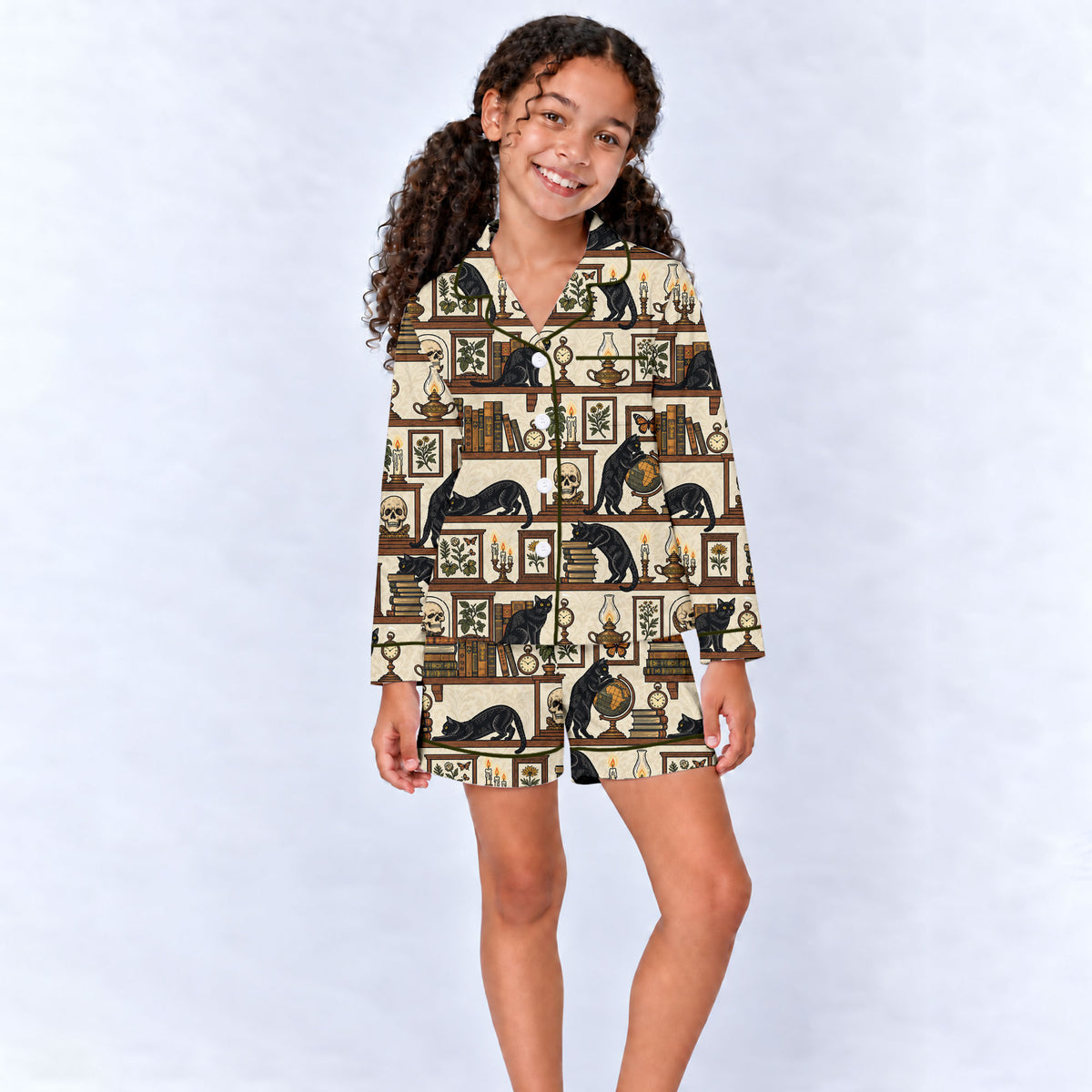 Gothic Black Cat Pajama Set, Vintage Library Cat Sleepwear, Cozy Long Sleeve Button Down Pajamas For Kids