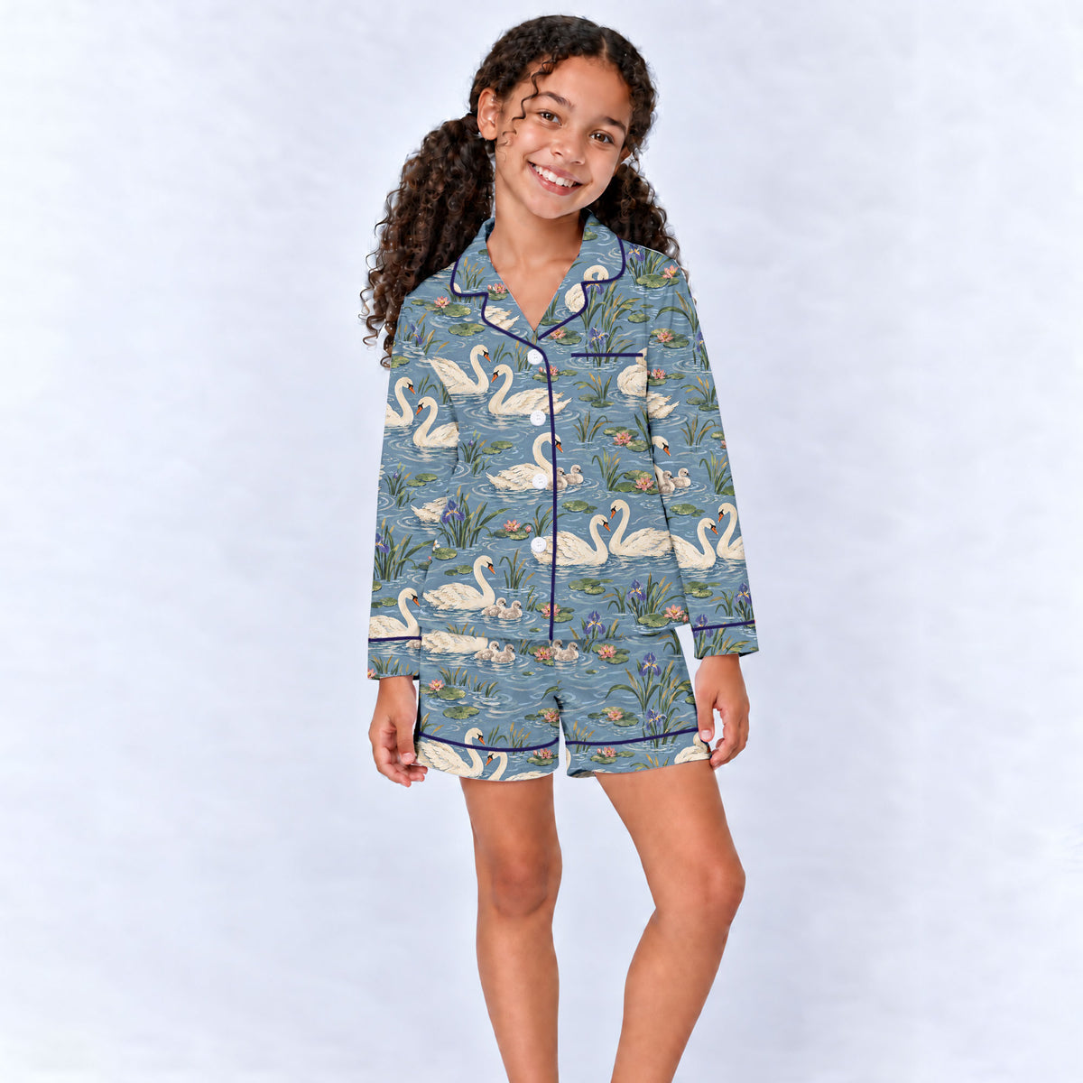 Elegant Swan Pajama Set, Vintage Swan Lake Sleepwear, Cozy Long Sleeve Button Down Pajamas For Kids