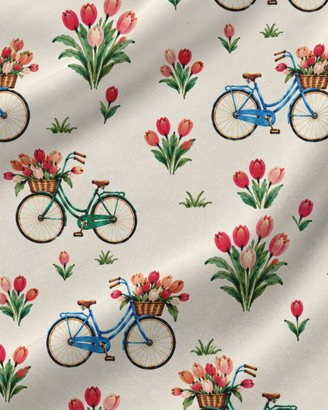 Floral Bicycle Pajama Set, Vintage Tulip Garden Sleepwear, Cozy Long Sleeve Button Down Pajamas For Women